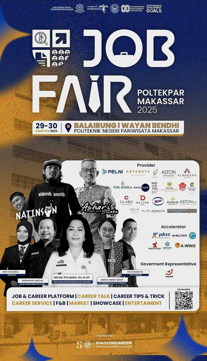 Politeknik Pariwisata Makassar menggelar Job Fair 2025 “Connect & Step In” pada 29–30 Agustus di Balairung I Wayan Bendhi. Acara menghadirkan puluhan perusahaan dari sektor pariwisata, perhotelan, kuliner, penerbangan, hingga industri kreatif. Selain walk-in interview, tersedia career talk, networking zone, dan konsultasi karier. Job Fair ini gratis dan terbuka untuk umum.