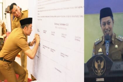 Bupati Enrekang, H.M. Yusuf Ritangnga menandatangani Deklarasi Damai Menuju Indonesia Damai dan Enrekang Sejahtera usai perayaan Maulid Nabi Muhammad SAW di ruang pola Kantor Bupati Enrekang, Senin (8/9/2025).