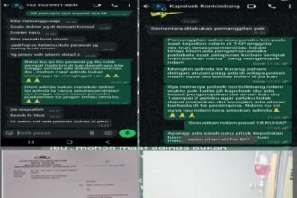 Tangkapan layar percakapan WhatsApp antara keluarga korban dengan pihak puskesmas dan kepolisian, surat laporan resmi kasus pengeroyokan di Polsek Galesong Utara, serta kondisi korban Rasul Dg Sore saat menjalani perawatan medis.
