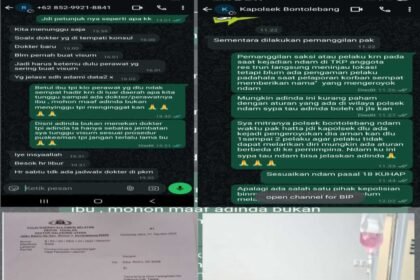 Tangkapan layar percakapan WhatsApp antara keluarga korban dengan pihak puskesmas dan kepolisian, surat laporan resmi kasus pengeroyokan di Polsek Galesong Utara, serta kondisi korban Rasul Dg Sore saat menjalani perawatan medis.