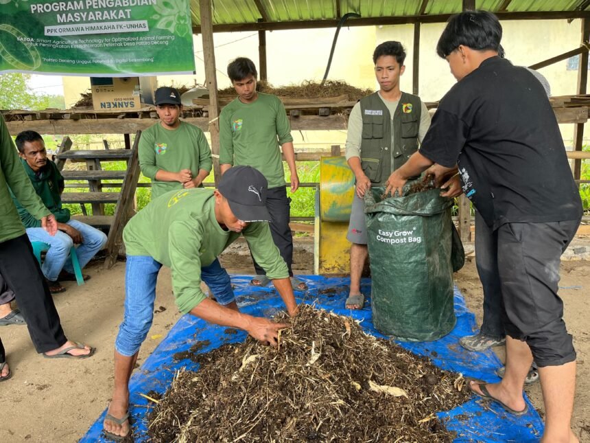 Para peternak Desa Pattiro Deceng bersama mahasiswa PPK Ormawa HIMAKAHA FK Unhas mempraktikkan teknik pembuatan kompos dengan memanfaatkan limbah ternak di Maros, Sulawesi Selatan, Minggu (7/9/2025).