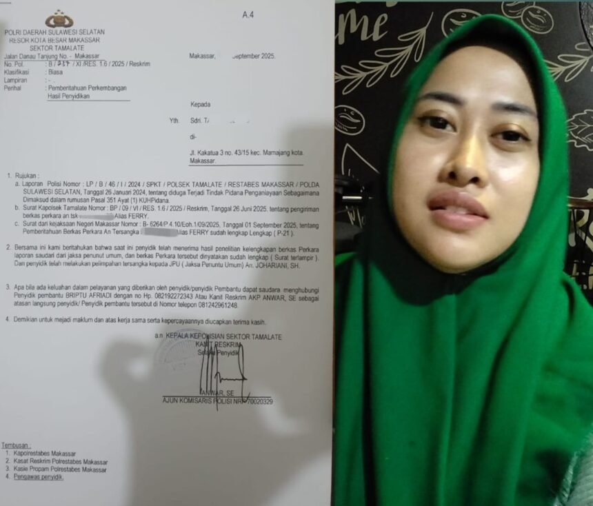 Pelapor Tanty Rudjito menunjukkan dokumen perkembangan kasus penganiayaan yang kini resmi dinyatakan lengkap (P-21) oleh Kejaksaan Negeri Makassar, 1 September 2025.