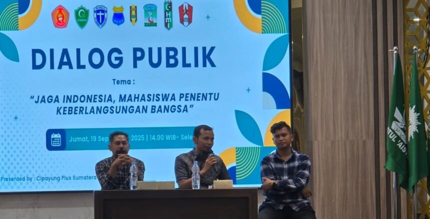 Dialog Publik Cipayung Plus Sumut bertema “Jaga Indonesia, Mahasiswa Penentu Keberlangsungan Bangsa” di Gedung Dakwah Muhammadiyah Sumut, Medan, Jumat (19/9/2025). Acara ini menghadirkan aktivis 1998 Muhammad Ikhyar dan Sekretaris Fokal IMM Sumut Ahmad Khairuddin sebagai narasumber.