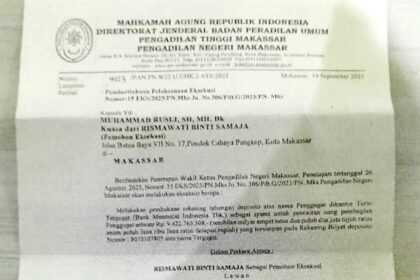 Eksekusi warisan Rp 9,4 miliar di Bank Muamalat, PN Makassar jadwalkan pelaksanaan pada Kamis, 25 September 2025.
