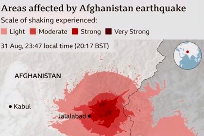 Peta wilayah terdampak gempa 6,0 SR di Afghanistan timur pada 31 Agustus, menunjukkan guncangan kuat hingga sangat kuat di sekitar Jalalabad dan terasa hingga Kabul serta Peshawar, Pakistan. (usgs/ho)