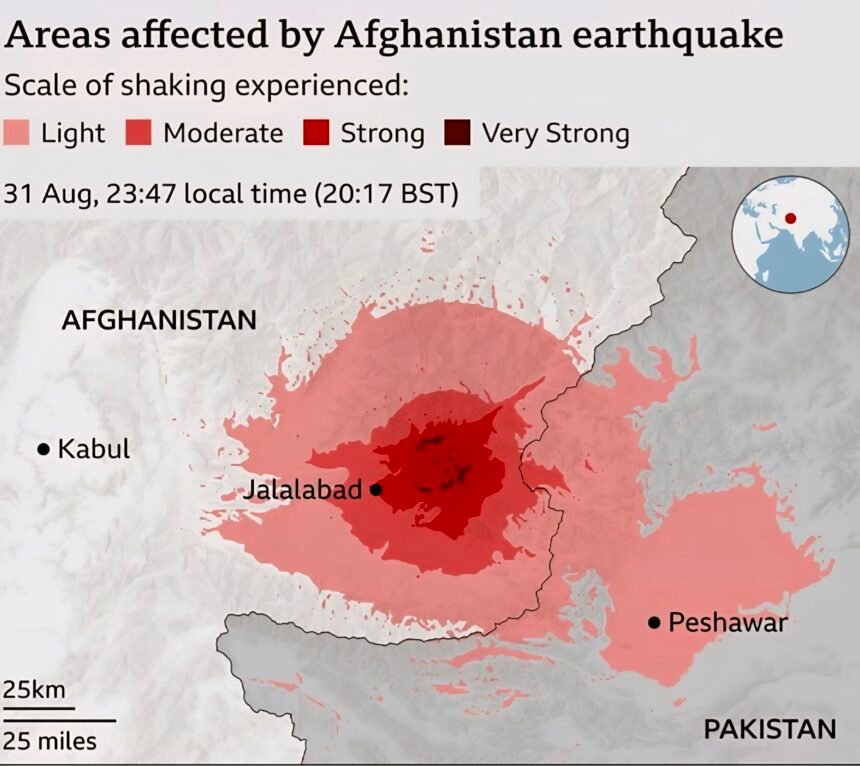 Peta wilayah terdampak gempa 6,0 SR di Afghanistan timur pada 31 Agustus, menunjukkan guncangan kuat hingga sangat kuat di sekitar Jalalabad dan terasa hingga Kabul serta Peshawar, Pakistan. (usgs/ho)