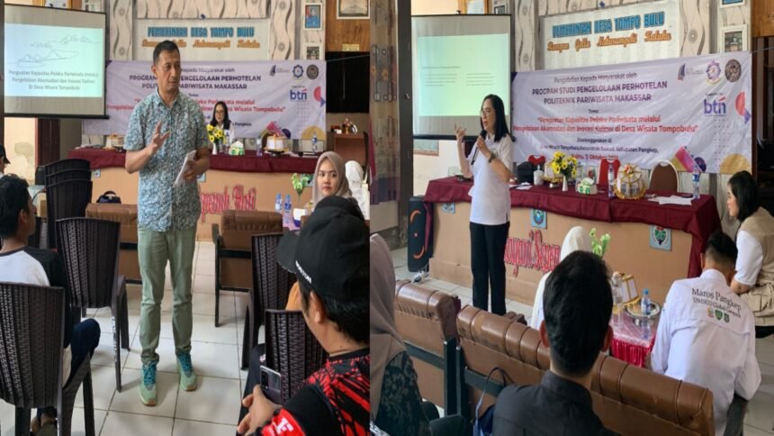 Mahasiswa Politeknik Pariwisata Makassar berbagi ilmu dengan pelaku wisata Desa Tompobulu, Pangkep, lewat pelatihan pengelolaan akomodasi dan inovasi kuliner untuk memperkuat pariwisata berbasis masyarakat.