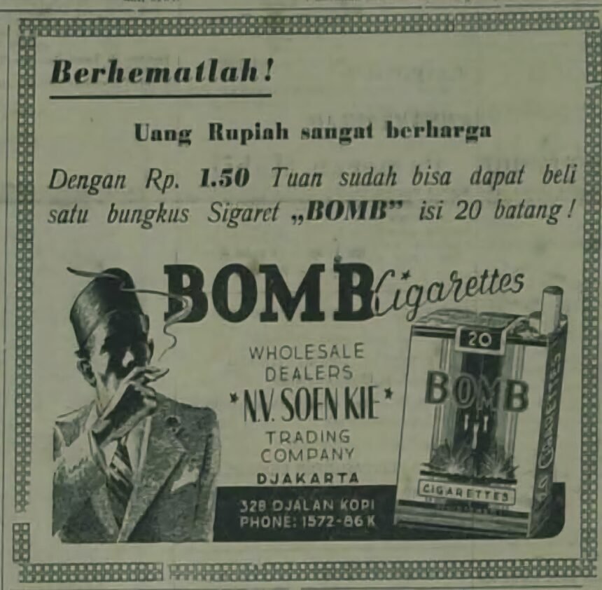 Iklan lawas tahun 1950-an ini menampilkan rokok merek BOMB, dijual seharga Rp1,50 per bungkus isi 20 batang. Dipasarkan oleh NV Soen Kie Trading Company di Djakarta, iklan ini mencerminkan gaya hidup dan strategi promosi masa awal Republik. (IndonesiaMasaLampau/HO/Mediapesan)