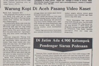 Warung Kopi dan Evolusi “Gratisan”: Dari Video Kaset ke WiFi 20 Warung kopi selalu tahu cara menarik hati pelanggan. Harian Berita Yudha edisi 15 September 1983 mencatat fenomena ini: warung-warung kopi di sekitar kota Banda Aceh ramai memasang pemutar video kaset yang menayangkan film-film populer bagi para tamu mereka.