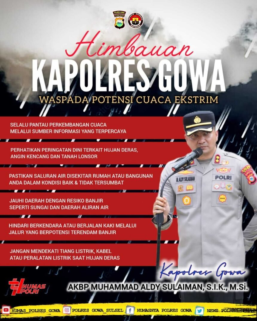 Kapolres Gowa Imbau Warga Waspada Cuaca Ekstrem: “Utamakan Keselamatan” 1 Infografis: Kapolres Gowa imbauan masyarakat untuk meningkatkan kewaspadaan cuaca ekstrem, Senin (27/10/2025).