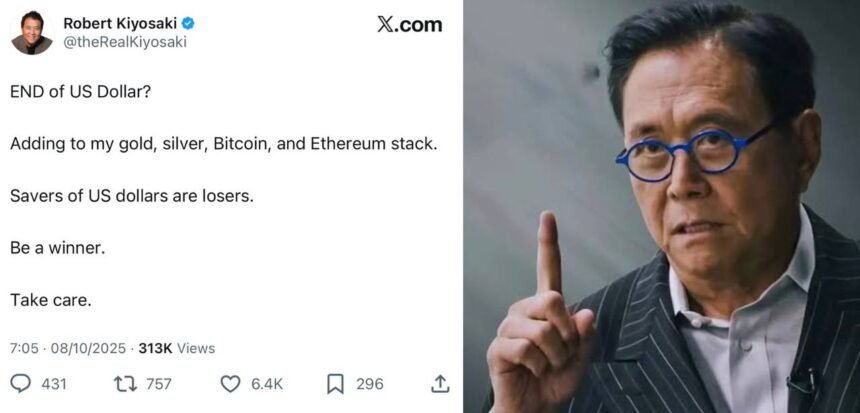 Robert Kiyosaki kembali mengguncang jagat ekonomi global lewat unggahan di X. Ia menulis, “Akhir dari dolar AS? Penabung dolar adalah pecundang.” Sang penulis Rich Dad Poor Dad kini menambah investasinya di emas, perak, Bitcoin, dan Ethereum. (@theRealKiyosaki/rtn/ho/mp)