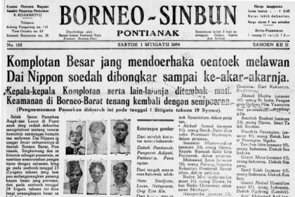 Arsip koran Borneo Sinbun (Pontianak, 1 Agustus 1944) menyiarkan eksekusi puluhan tokoh Kalimantan Barat oleh Jepang. Peristiwa yang kemudian dikenal sebagai Tragedi Mandor ini menewaskan ribuan orang, termasuk Sultan Pontianak dan elit lokal. Halaman ini menunjukkan bagaimana media saat itu dipakai sebagai alat propaganda untuk melegitimasi kekerasan pendudukan. 