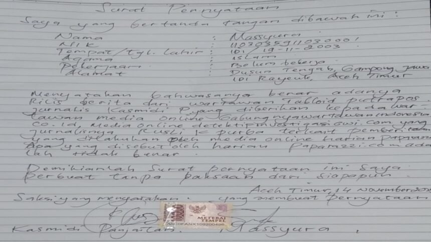 Korban kecelakaan, Massyura, menandatangani surat pernyataan bermeterai yang membantah tuduhan pemerasan dalam pemberitaan salah satu media. Ia menegaskan bahwa informasi yang disampaikan jurnalis Kasmidi Panjaitan adalah benar dan tanpa paksaan.