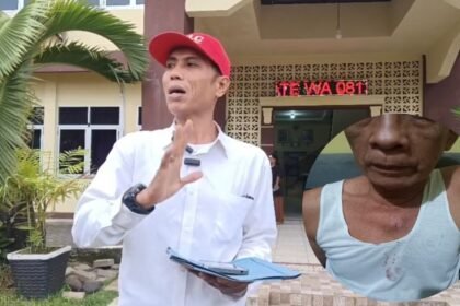 Agung Salim, S.H., kuasa hukum Syahruddin memberi keterangan pers di halaman kantor Polsek Tamalate Makassar.