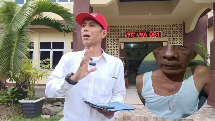 Agung Salim, S.H., kuasa hukum Syahruddin memberi keterangan pers di halaman kantor Polsek Tamalate Makassar.