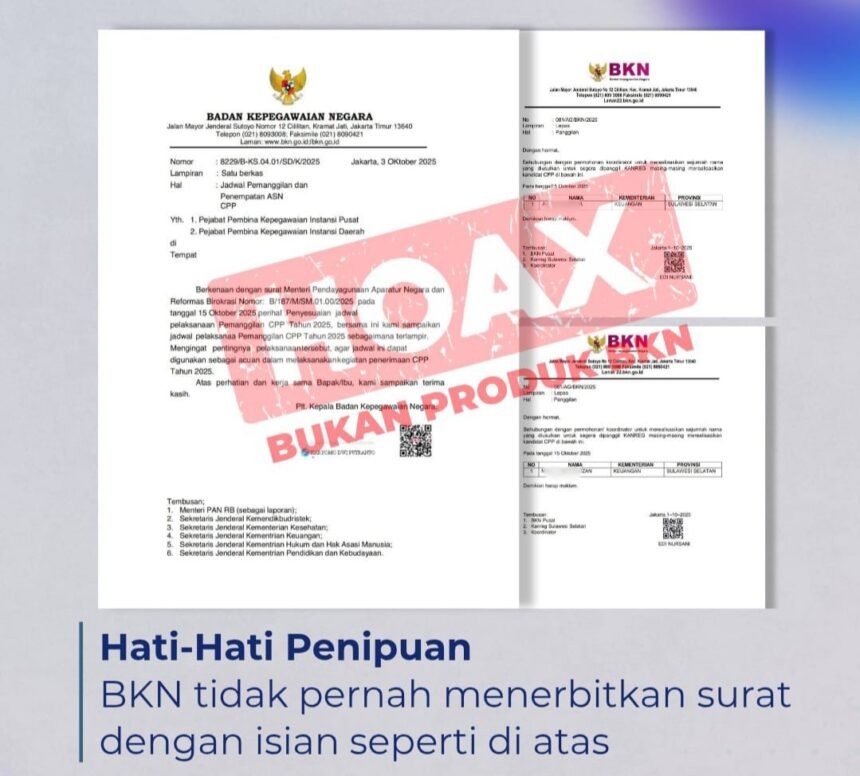 Waspada surat palsu! BKN menegaskan tidak pernah menerbitkan surat seperti ini. Selalu verifikasi informasi melalui kanal resmi BKN.