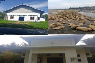 Potret proyek mangkrak di Desa Lelang Matamaling: bangunan fasilitas umum terbengkalai, yakni BLK (kiri atas), Polindes (bawah) dan tanggul pemecah ombak (kanan atas) yang tak kunjung selesai, memicu desakan warga agar pengelolaan Dana Desa segera diaudit.
