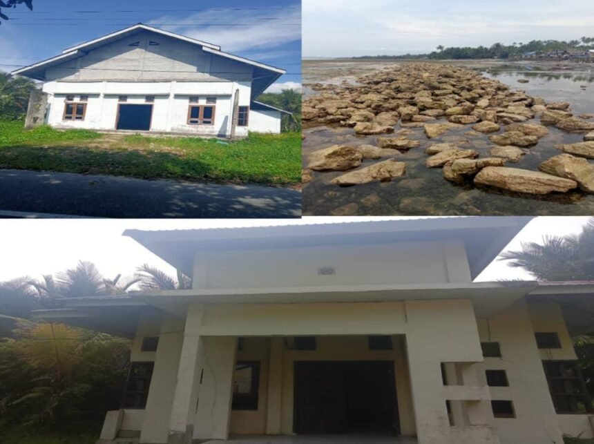 Potret proyek mangkrak di Desa Lelang Matamaling: bangunan fasilitas umum terbengkalai, yakni BLK (kiri atas), Polindes (bawah) dan tanggul pemecah ombak (kanan atas) yang tak kunjung selesai, memicu desakan warga agar pengelolaan Dana Desa segera diaudit.