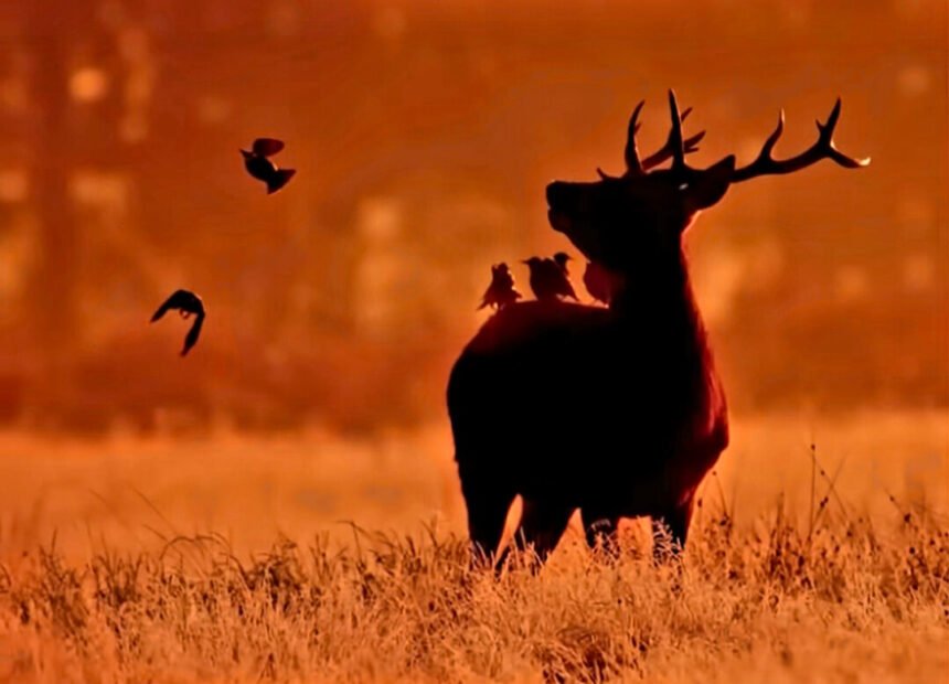 Ilustrasi: Rusa megah di senja emas, ditemani burung-burung setia. (Bright Eyes · Art Garfunkel)