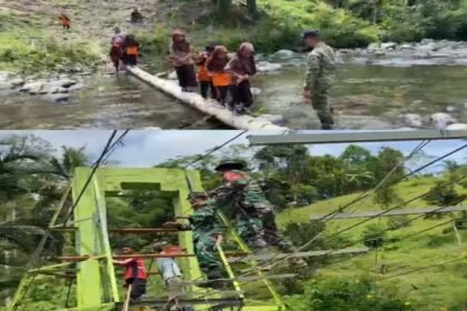 Anak-anak SDN 006 Botteng menyeberangi sungai dengan batang kelapa sementara TNI dan warga bergotong royong memperbaiki jembatan gantung yang menjadi akses utama mereka.