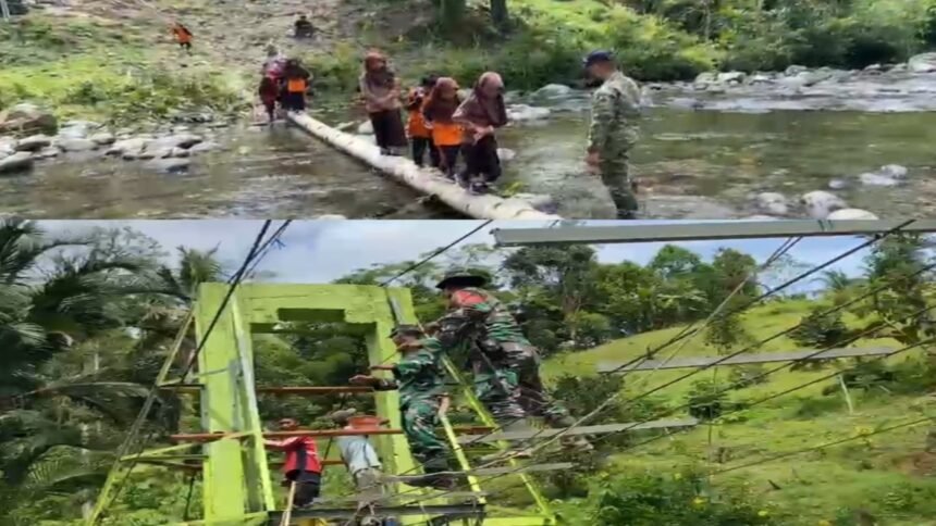 Anak-anak SDN 006 Botteng menyeberangi sungai dengan batang kelapa sementara TNI dan warga bergotong royong memperbaiki jembatan gantung yang menjadi akses utama mereka.