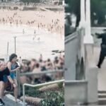 Kolase: Warga berlarian menyelamatkan diri di Pantai Bondi, Sydney, sementara rekaman terpisah memperlihatkan pelaku bersenjata melepaskan tembakan dari area jembatan, Minggu (14/12/2025).