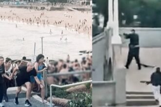 Kolase: Warga berlarian menyelamatkan diri di Pantai Bondi, Sydney, sementara rekaman terpisah memperlihatkan pelaku bersenjata melepaskan tembakan dari area jembatan, Minggu (14/12/2025).