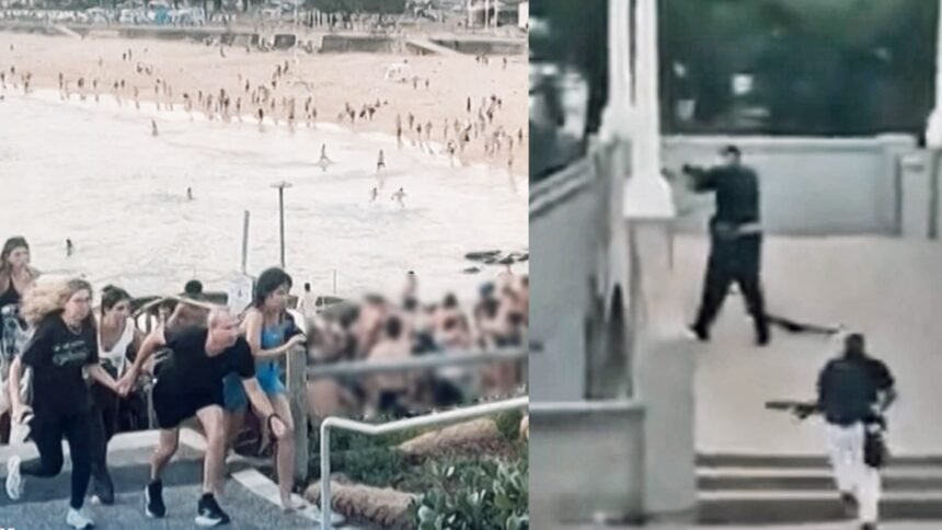 Kolase: Warga berlarian menyelamatkan diri di Pantai Bondi, Sydney, sementara rekaman terpisah memperlihatkan pelaku bersenjata melepaskan tembakan dari area jembatan, Minggu (14/12/2025).