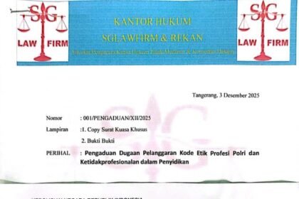 Caption: Dokumen resmi pengaduan SGLAWFIRM & Rekan yang diterima Propam Polda Banten terkait dugaan pelanggaran kode etik dan ketidakprofesionalan penyidikan di Polresta Tangerang.