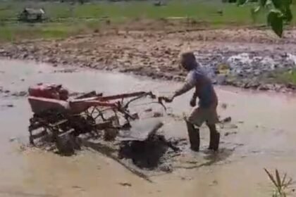 Seorang petani di Sebrang Sungai tetap mengolah sawah berlumpur dengan traktor roda dua, di tengah keterbatasan alsintan yang tersedia, Kamis (4/12/2025).