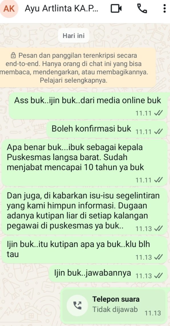 Jabatan Kapus Langsa Barat Disorot, LSM Minta Pemko Evaluasi 3 Caption: Chat konfirmasi wartawan media lokal via WhatsApp.