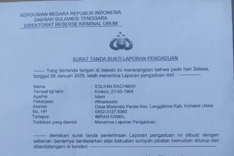 Bukti laporan resmi GPA Sultra ke Polda Sultra terkait dugaan ijazah palsu dan penyalahgunaan wewenang Kepala Desa Morombo Pantai, Konawe Utara, Selasa (6/1/2026).