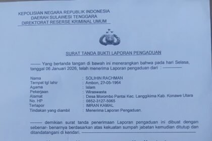 Bukti laporan resmi GPA Sultra ke Polda Sultra terkait dugaan ijazah palsu dan penyalahgunaan wewenang Kepala Desa Morombo Pantai, Konawe Utara, Selasa (6/1/2026).