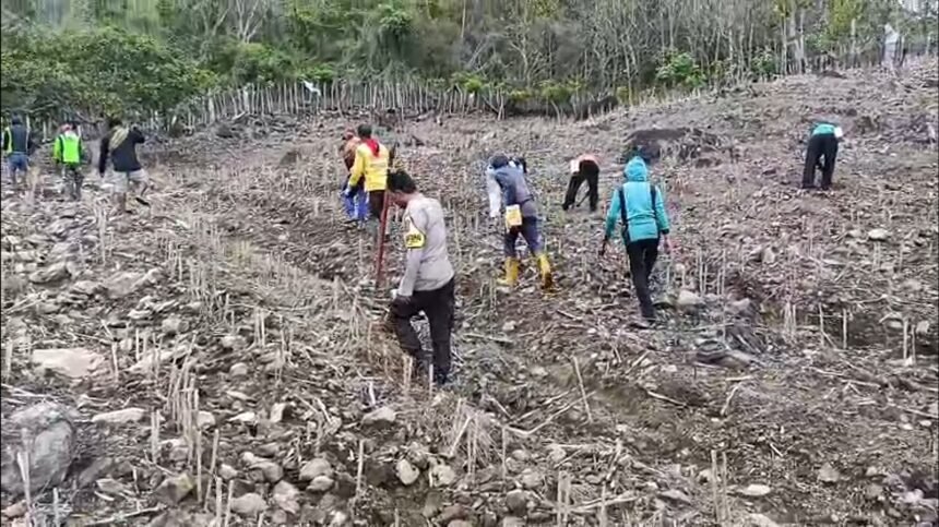 Personel Polri bersama warga melakukan penanaman jagung di lahan binaan sebagai bagian dari program ketahanan pangan Polda Sulsel, Kamis (5/2/2026).