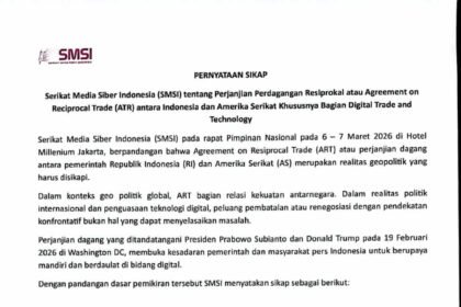 Serikat Media Siber Indonesia (SMSI) menyampaikan pernyataan sikap terkait perjanjian perdagangan resiprokal Indonesia–Amerika Serikat yang menyoroti pentingnya penguatan kedaulatan digital nasional.