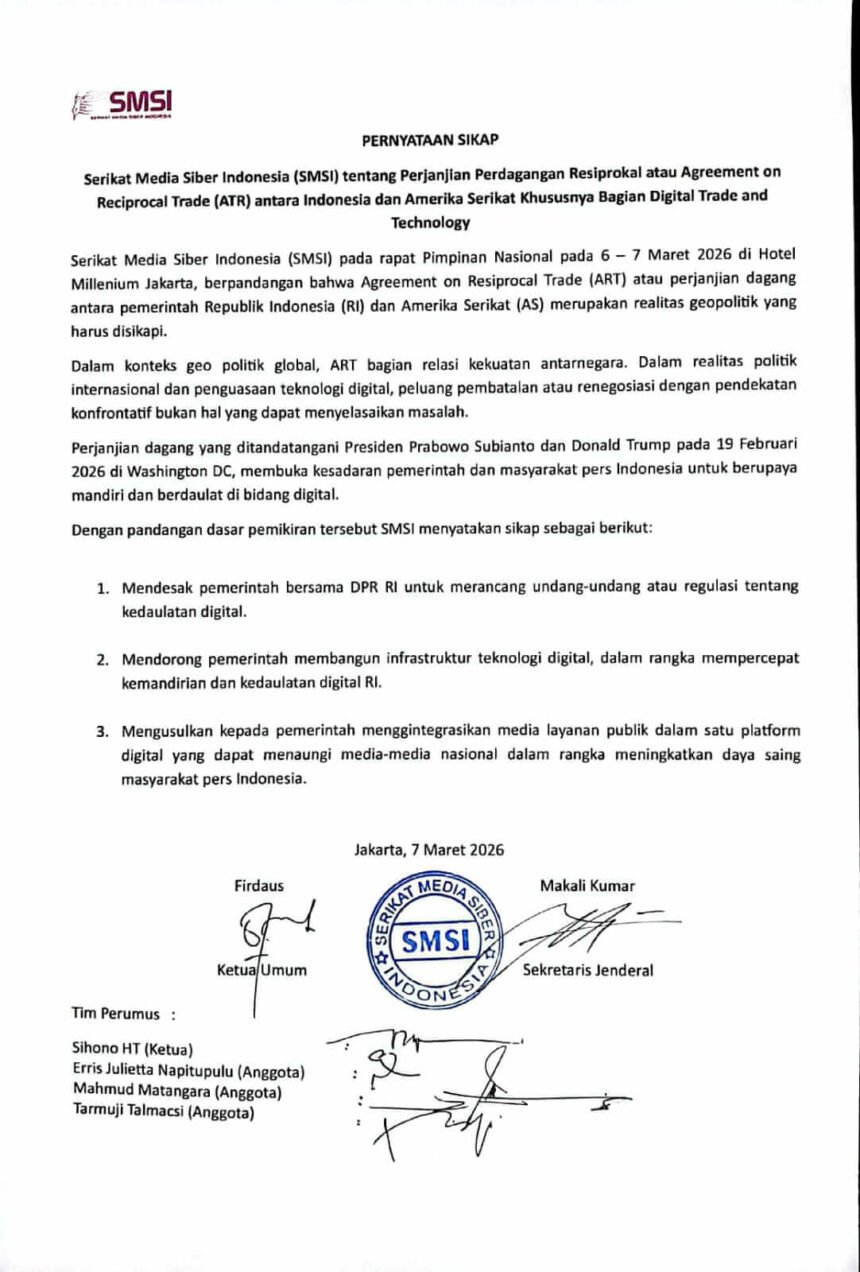Serikat Media Siber Indonesia (SMSI) menyampaikan pernyataan sikap terkait perjanjian perdagangan resiprokal Indonesia–Amerika Serikat yang menyoroti pentingnya penguatan kedaulatan digital nasional.