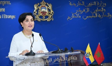 Menteri Luar Negeri Ekuador, Gabriela Sommerfeld, saat memberikan pernyataan bersama di Rabat terkait dukungan terhadap inisiatif otonomi Sahara di bawah kedaulatan Maroko.