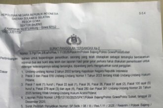 Surat panggilan tersangka dari Polsek Bajeng terkait kasus dugaan penipuan dan penggelapan di Kabupaten Gowa.