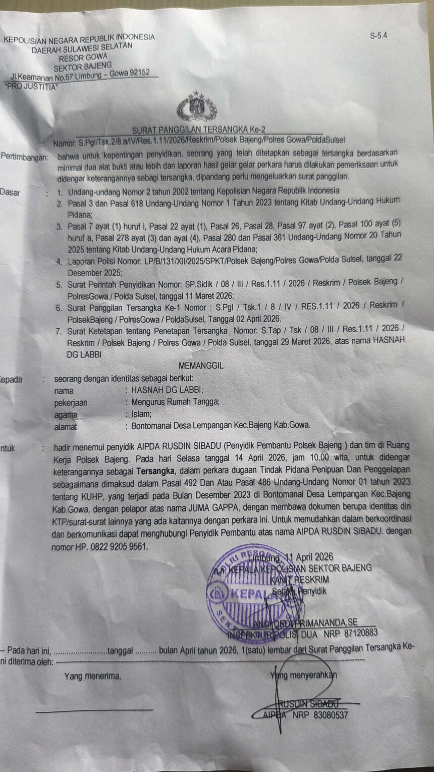 Surat panggilan tersangka dari Polsek Bajeng terkait kasus dugaan penipuan dan penggelapan di Kabupaten Gowa.