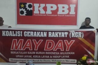 Semangat May Day 2026 di Makassar, Koalisi Gerakan Rakyat (KGR) dan KPBI suarakan perjuangan upah layak, kerja layak, dan hidup layak bagi buruh Indonesia.