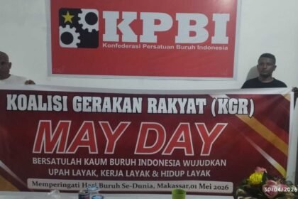 Semangat May Day 2026 di Makassar, Koalisi Gerakan Rakyat (KGR) dan KPBI suarakan perjuangan upah layak, kerja layak, dan hidup layak bagi buruh Indonesia.