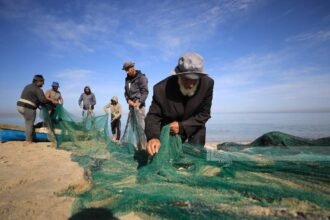 Nelayan Palestina memperbaiki jaring di pesisir Gaza di tengah pembatasan melaut dan menurunnya hasil tangkapan pascaperang.