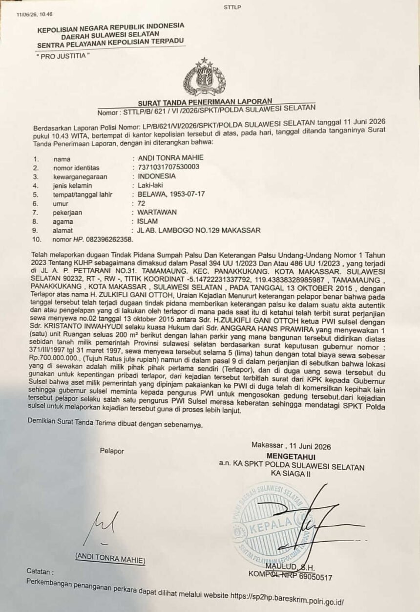 Mantan pengurus PWI Sulawesi Selatan melaporkan seorang pengurus PWI Pusat ke Polda Sulsel terkait dugaan keterangan palsu dalam perjanjian sewa eks gedung PWI Sulsel. Proses hukum kini tengah berjalan.