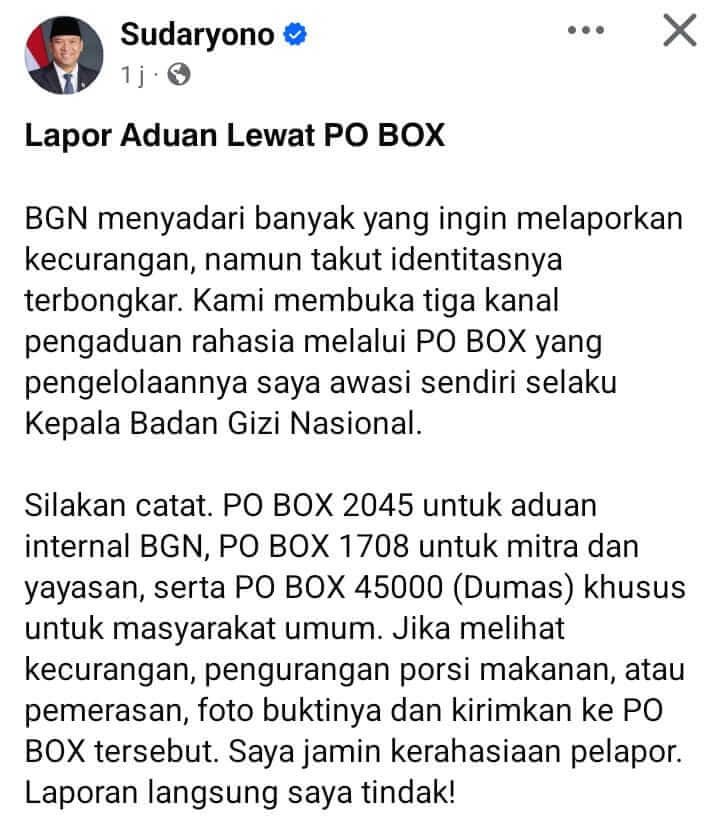 BGN buka tiga PO Box pengaduan MBG. Masyarakat diminta melaporkan kekurangan, pengurangan porsi, hingga dugaan pemerasan dengan menyertakan bukti. Identitas pelapor dijamin rahasia.