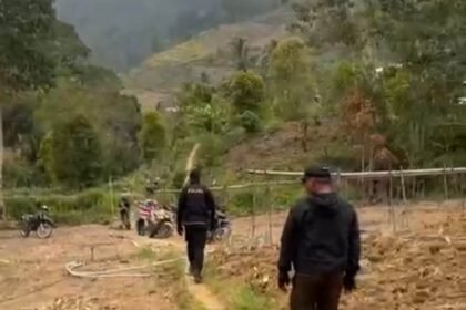 Petugas menyusuri lokasi yang diduga menjadi tempat judi sabung ayam di Dusun Bulo, Enrekang.