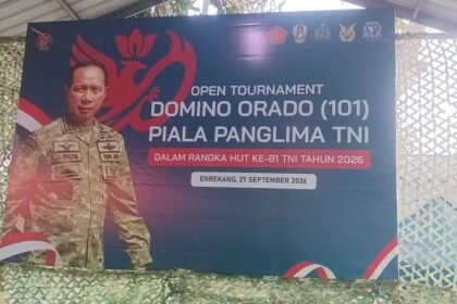 Banner Open Tournament Domino Orado (101) Piala Panglima TNI dalam rangka HUT ke-81 TNI 2026 yang dijadwalkan berlangsung di Enrekang, 27 September 2026.
