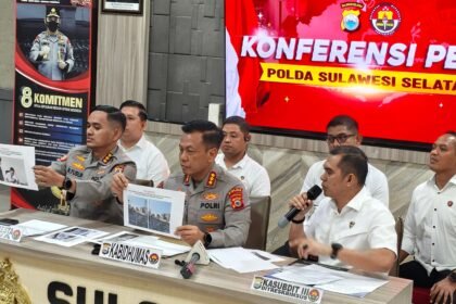 Konferensi pers di Mapolda Sulsel soal dugaan korupsi perizinan dan TPPU di Gowa, Senin (28/9/2026). (ft/ho)