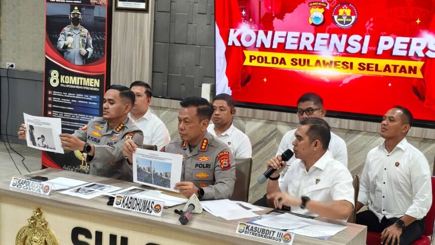 Konferensi pers di Mapolda Sulsel soal dugaan korupsi perizinan dan TPPU di Gowa, Senin (28/9/2026). (ft/ho)