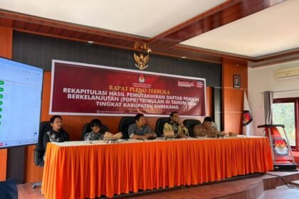 Rapat pleno terbuka rekapitulasi PDPB Triwulan III 2026 di Aula Kantor KPU Kabupaten Enrekang, Selasa (29/9/2026). (ft/ijy/ho)