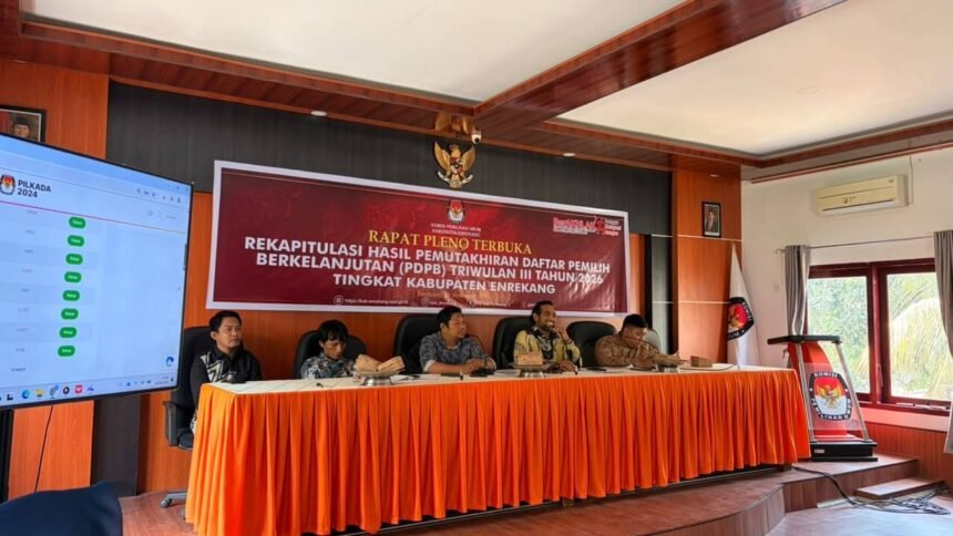 Rapat pleno terbuka rekapitulasi PDPB Triwulan III 2026 di Aula Kantor KPU Kabupaten Enrekang, Selasa (29/9/2026). (ft/ijy/ho)